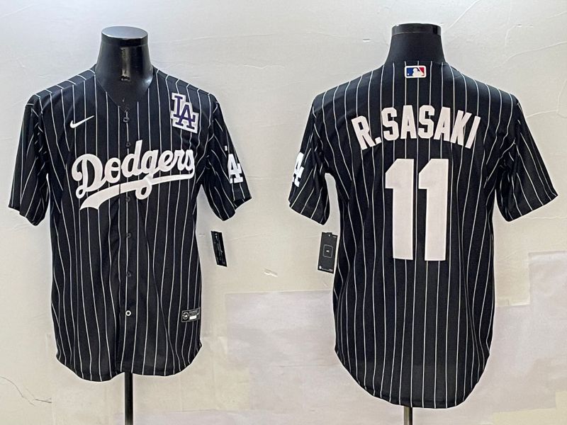 Men Los Angeles Dodgers #11 R.Sasaki Black Stripe Jointly Name 2025 Nike MLB Jersey style 5